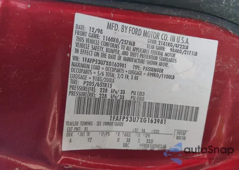 1999 Ford Taurus Se/Se-Ne z USA, uszkodzony, nr VIN 1FAFP53U7XG163981